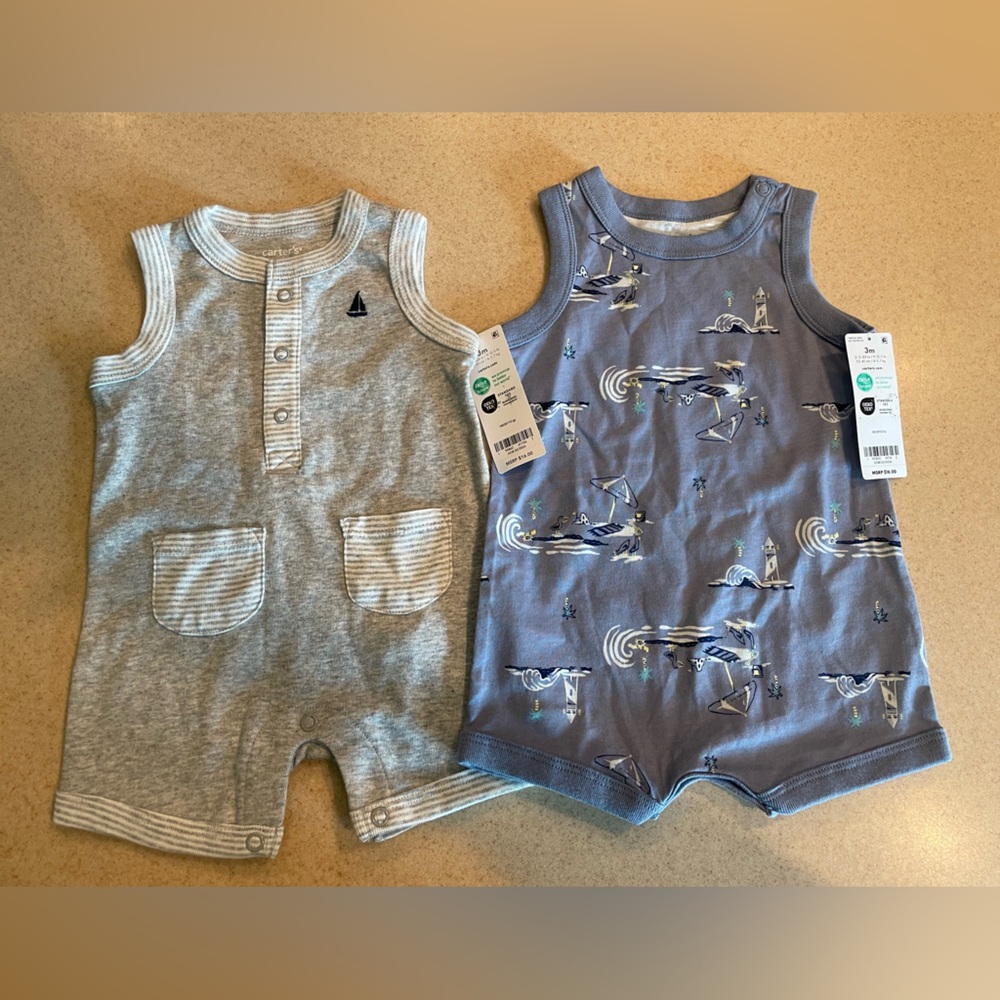 NWT 3m Carter's Gray and Blue Baby Bodysuits/Rompers Soft Cotton